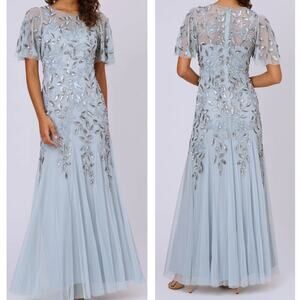 NWT ADRIANNA PAPELL DRESS GOWN 16W PLUS SEQUIN BEADED FLORAL GODETS BLUE HEATHER